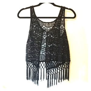 Fringed crop lace top